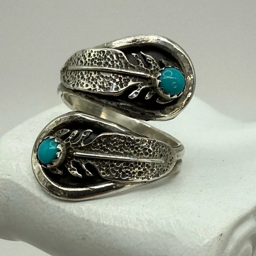Navajo Sterling Silver Feather Wrap Ring by Etta Berim Twin Turquoise Cabochons